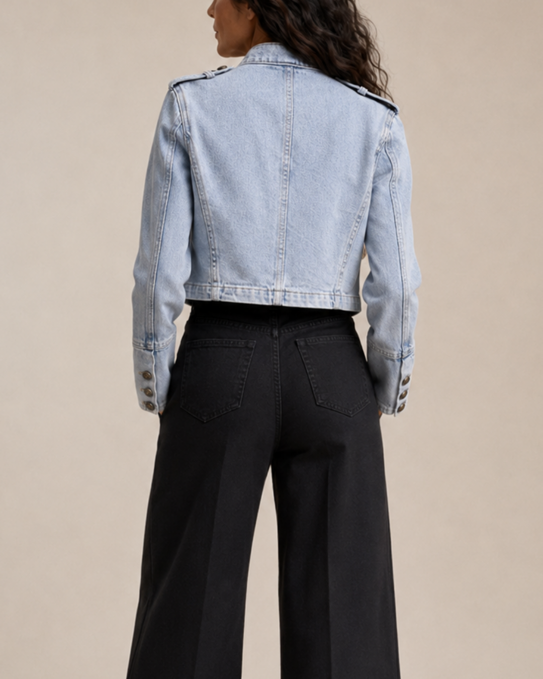 Women's denim jacket detail view — outerwear — Alexandra Military Jacket — Oscar Blackwood