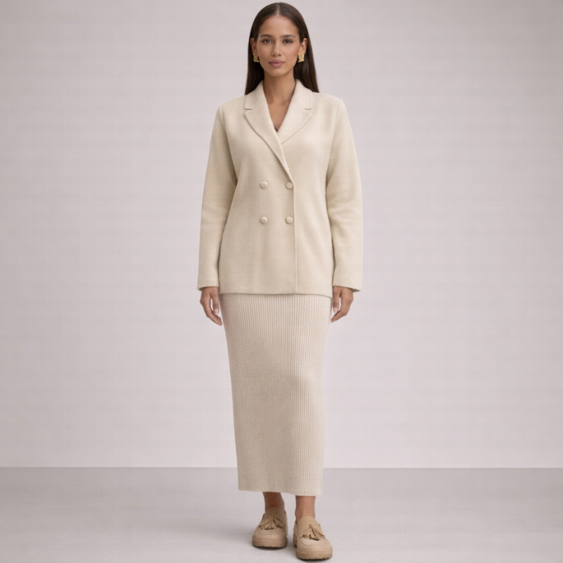 Unisex beige ribbed sets alternate angle — versatile — Abigail 2-Piece Set — Oscar Blackwood