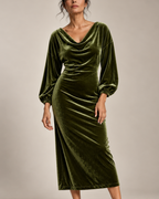 Women's green velvet dress detail view — chic — Claudia Velvet Midi Dress — Oscar Blackwood