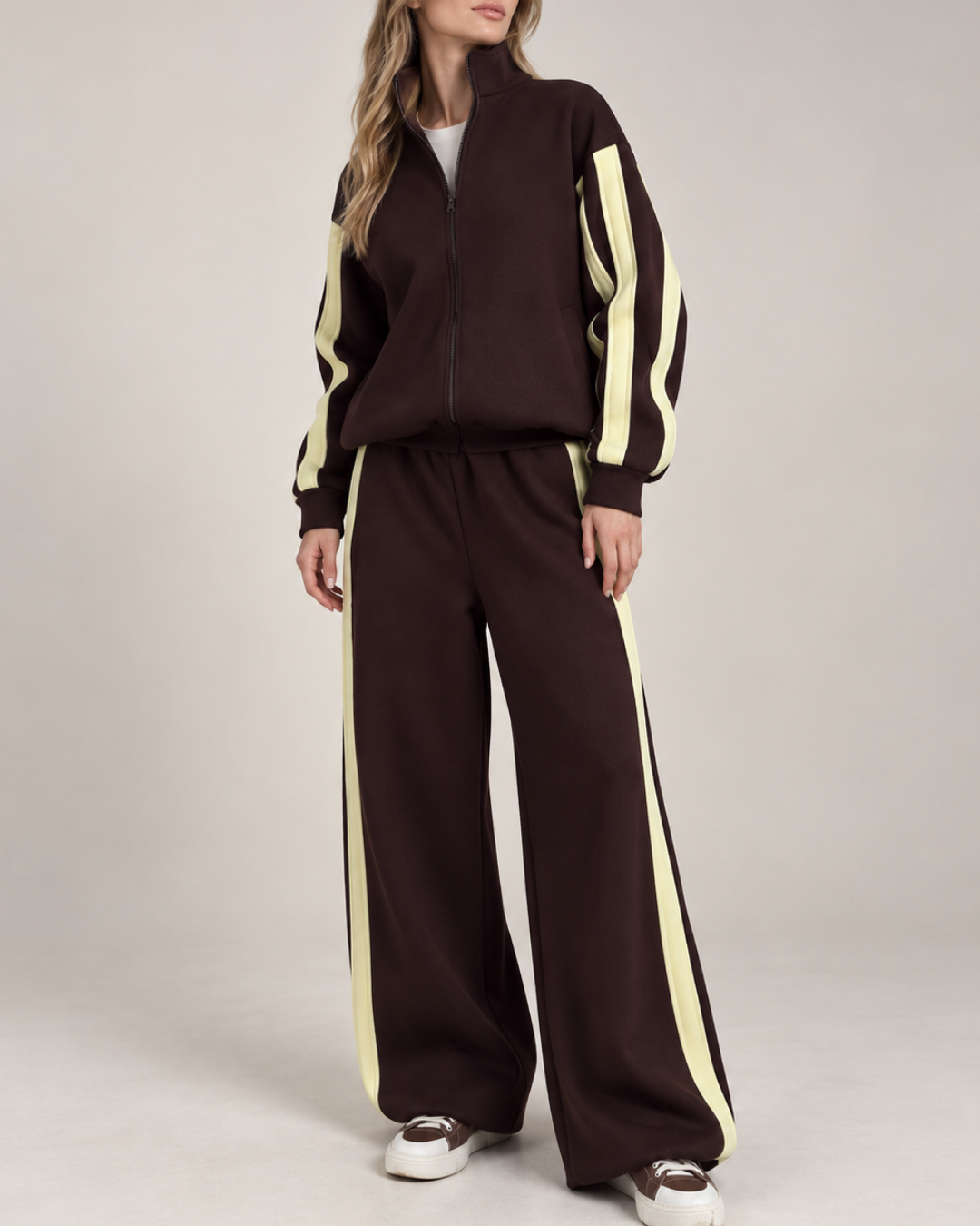 Women's brown striped pants front view — versatile — Mona Striped 2 Piece Set — Oscar Blackwood