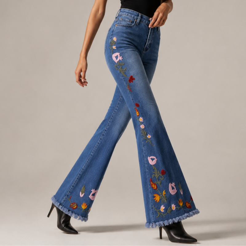 Women's red floral jeans back view — casual — Flora Embroidered Flare Jeans — Oscar Blackwood