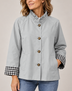 Women's light gray plaid jacket close-up — outerwear — Audrey Plaid Jacket — Oscar Blackwood