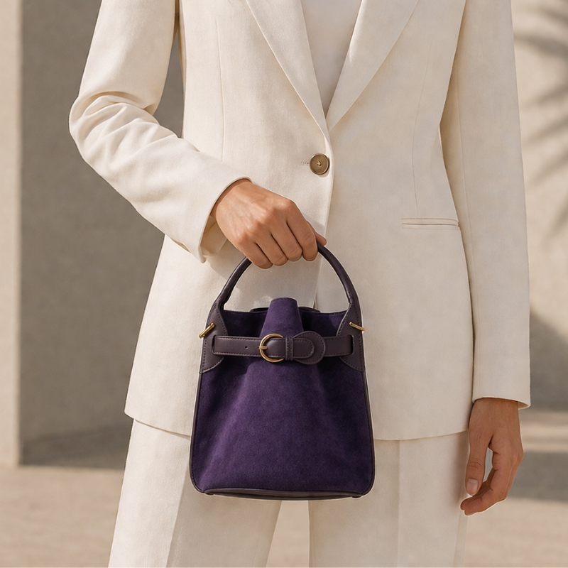 Women's suede bag close-up — everyday — Celeste Bucket Bag for every occasion — Oscar Blackwood
