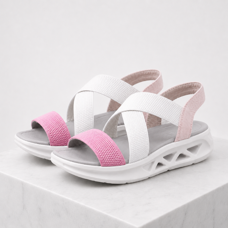 Women's white-pink geometric sandals back view — versatile — Florence Orthopedic Sandals — Oscar Blackwood