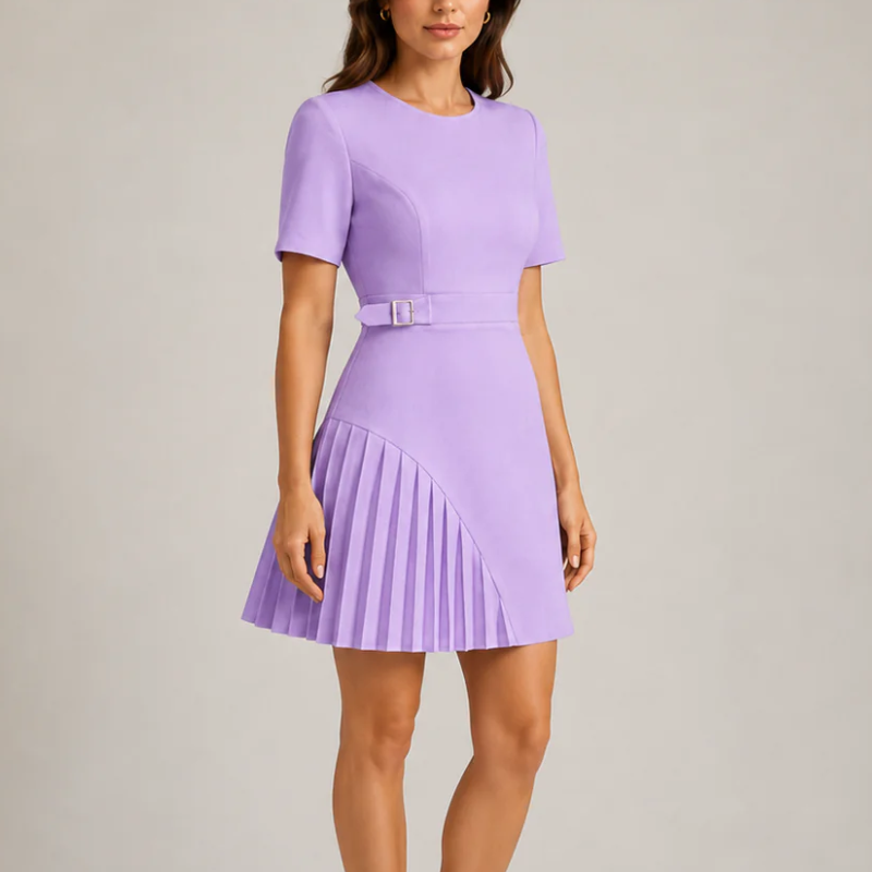 Women's purple dress side view — chic — Merelin Pleated Dress for every occasion — Oscar Blackwood