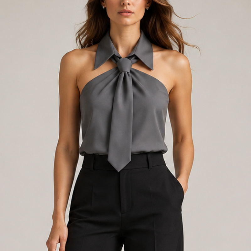 Women's gray meryl alternate angle — versatile — Meryl Tie Shirt — Oscar Blackwood