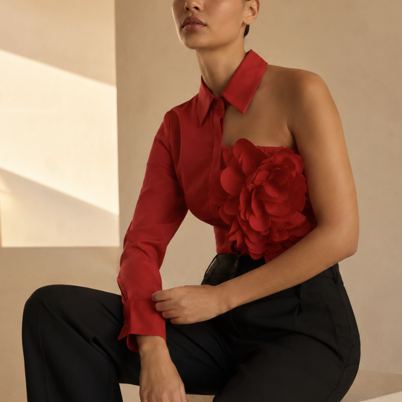 Women's floral freesia side view — versatile — Freesia One-Shoulder Shirt — Oscar Blackwood