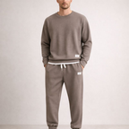 Men's khaki cotton pants styled look — versatile — Eric Waffle 2 Piece Set — Oscar Blackwood