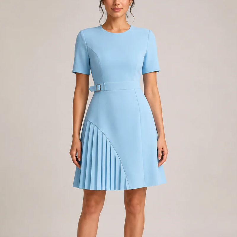 Women's blue dress close-up — chic — Merelin Pleated Dress for every occasion — Oscar Blackwood