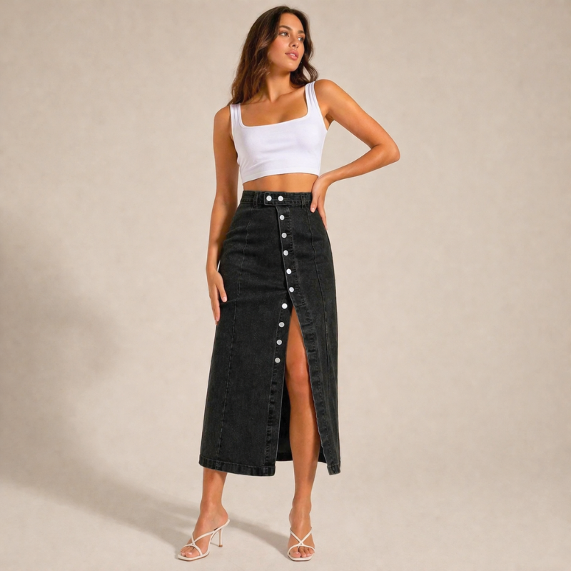Women's denim skirt color detail — chic — Dea Bella Denim Skirt — Oscar Blackwood