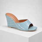 Women's blue heels detail view — elegant — Christina Wedge Sandals — Oscar Blackwood