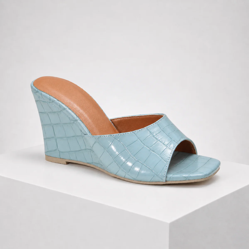 Women's blue heels detail view — elegant — Christina Wedge Sandals — Oscar Blackwood