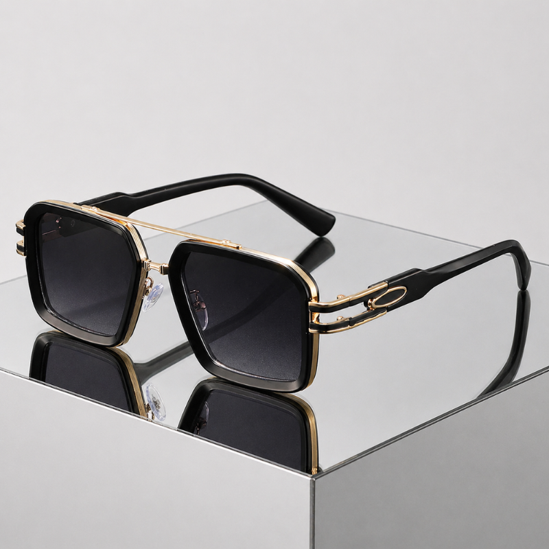 Women's black-gold sunglasses detail view — statement — Lennon Retro Aviator Sunglasses — Oscar Blackwood