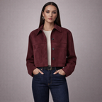 Women's burgundy suede jacket color detail — outerwear — Marissa Suede Crop Jacket — Oscar Blackwood