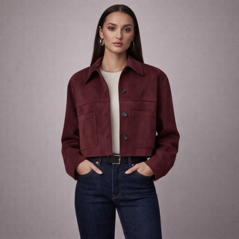 Women's burgundy suede jacket color detail — outerwear — Marissa Suede Crop Jacket — Oscar Blackwood
