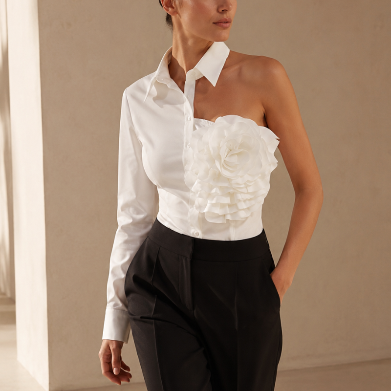 Women's floral freesia front view — versatile — Freesia One-Shoulder Shirt — Oscar Blackwood