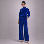 Women's blue velvet pants close-up — versatile — Shona Velvet 2 Piece Set — Oscar Blackwood