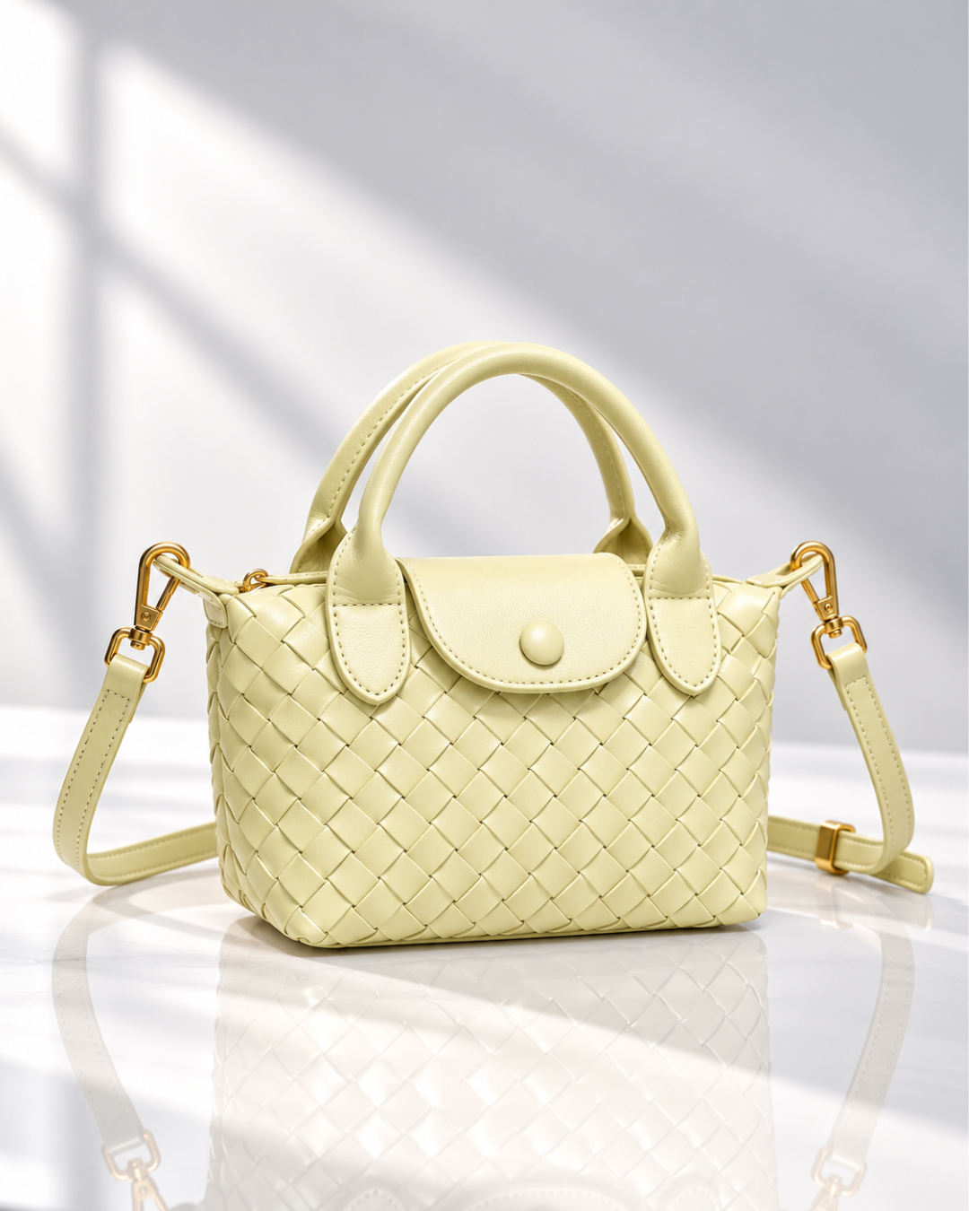 Women's yellow woven handbag side view — everyday — Marguerite Woven Crossbody Handbag — Oscar Blackwood