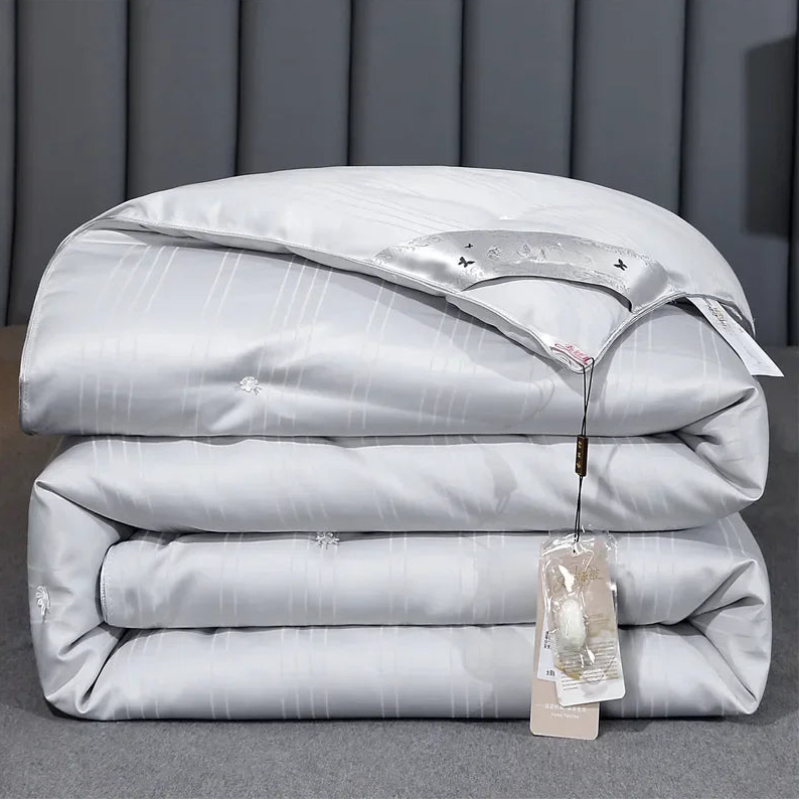 Unisex gray cotton moonlight close-up — versatile — Moonlight Mulberry Silk Comforter — Oscar Blackwood