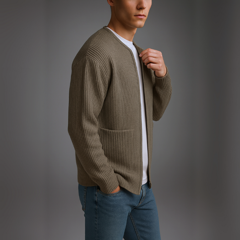 Men's red ribbed cardigan side view — cozy — Oliver Knit Zip Cardigan — Oscar Blackwood