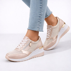 Women's silver lace sneakers styled look — casual — Bailey Wedge Heel Sneakers — Oscar Blackwood