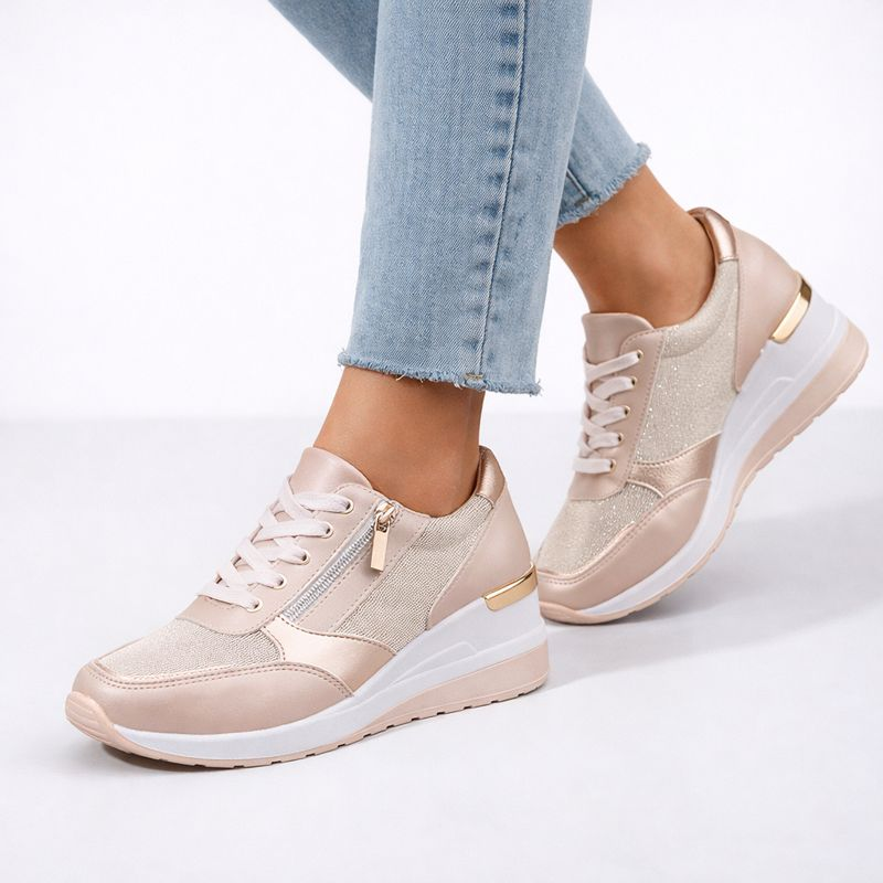 Women's silver lace sneakers styled look — casual — Bailey Wedge Heel Sneakers — Oscar Blackwood