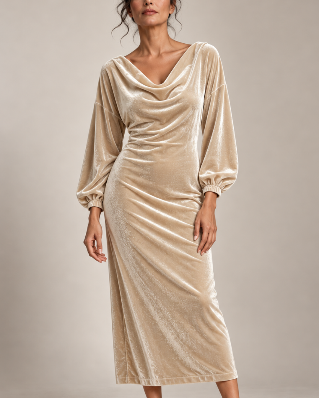 Women's off-white velvet dress close-up — chic — Claudia Velvet Midi Dress — Oscar Blackwood
