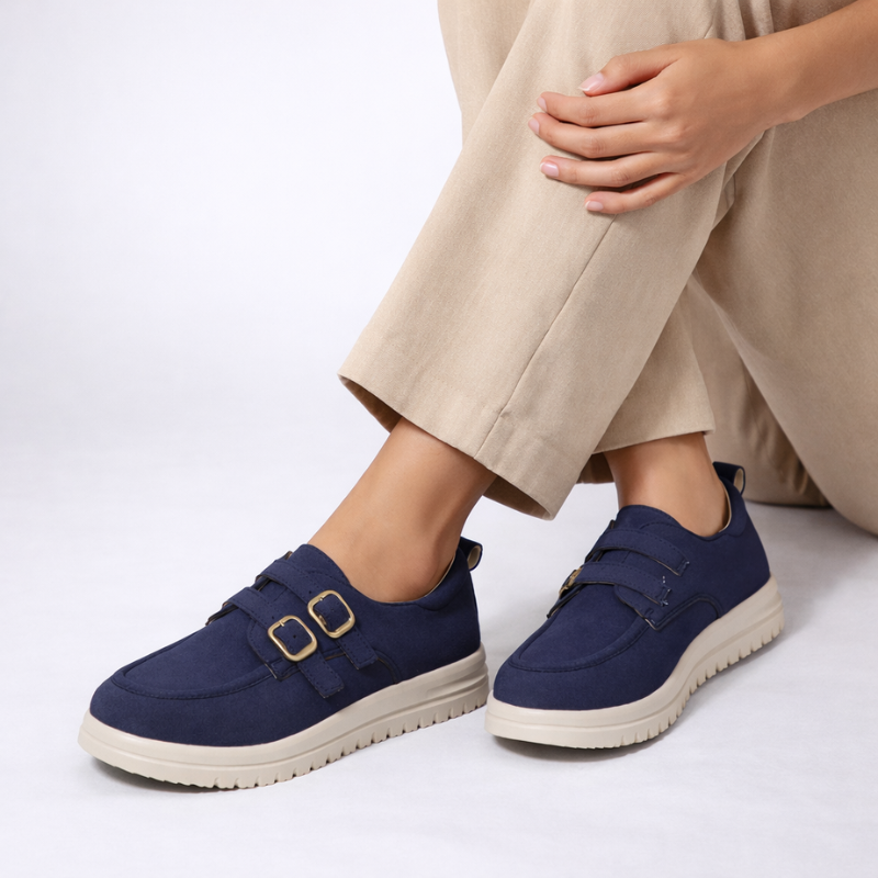Women's navy loafers alternate angle — versatile — Edith Slip-On Loafers — Oscar Blackwood