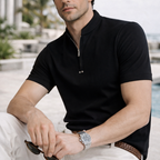 Men's tan cotton noah close-up — versatile — Noah Stand Collar T-Shirt — Oscar Blackwood