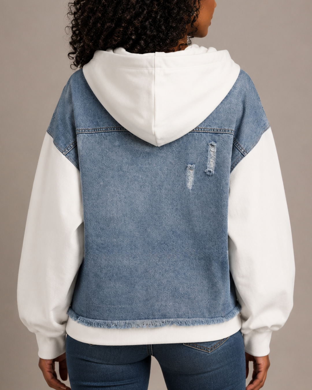 Women's denim sweater back view — cozy — Denihood Hoodie for every occasion — Oscar Blackwood