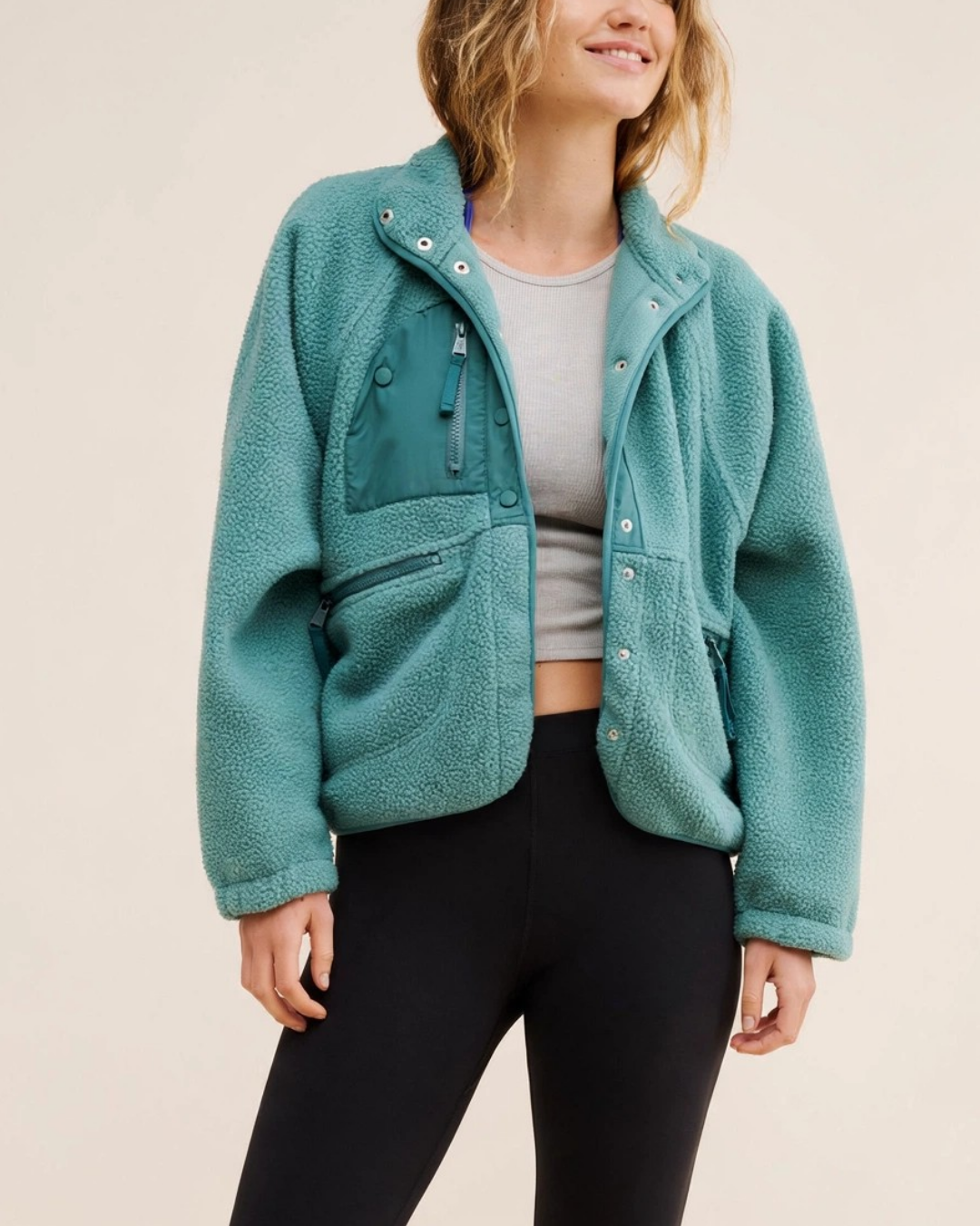 Women's teal textured jacket styled look — outerwear — Embla Fleece Jacket — Oscar Blackwood