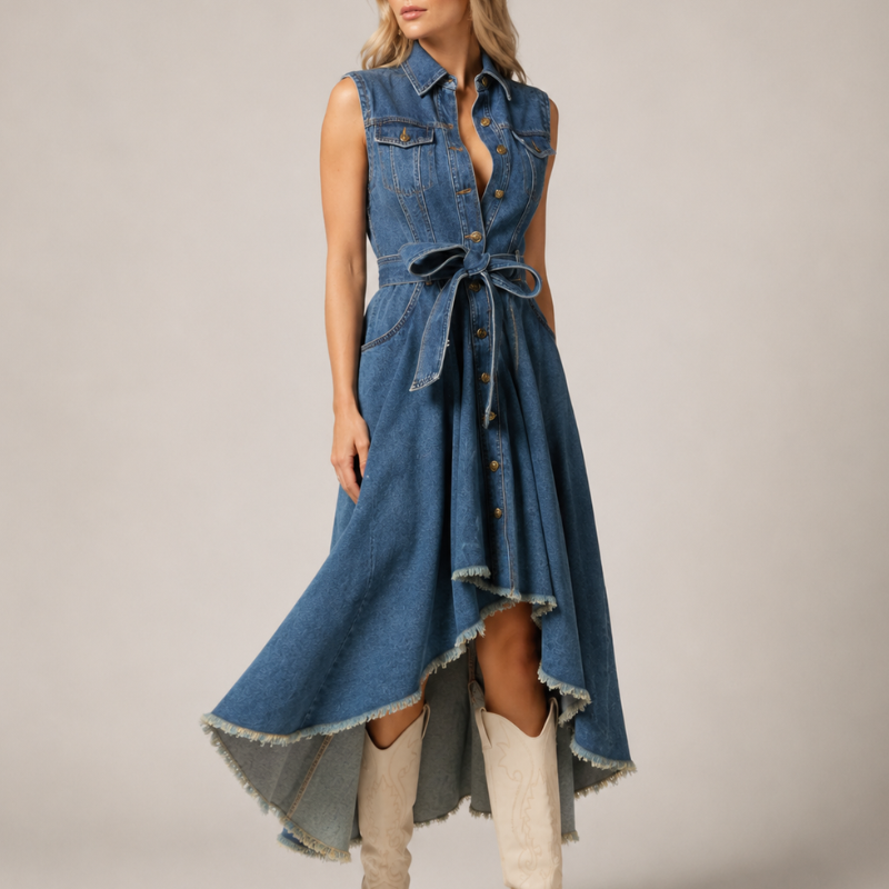 Women's denim dress close-up — chic — Loretta Denim Dress for every occasion — Oscar Blackwood