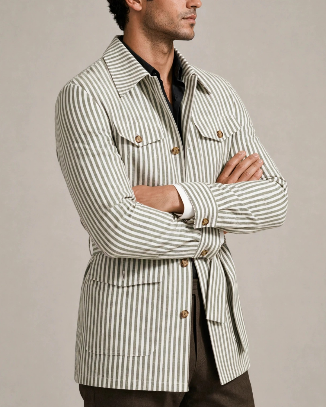 Men's striped jacket side view — outerwear — Leo Vanderbilt Jacket — Oscar Blackwood