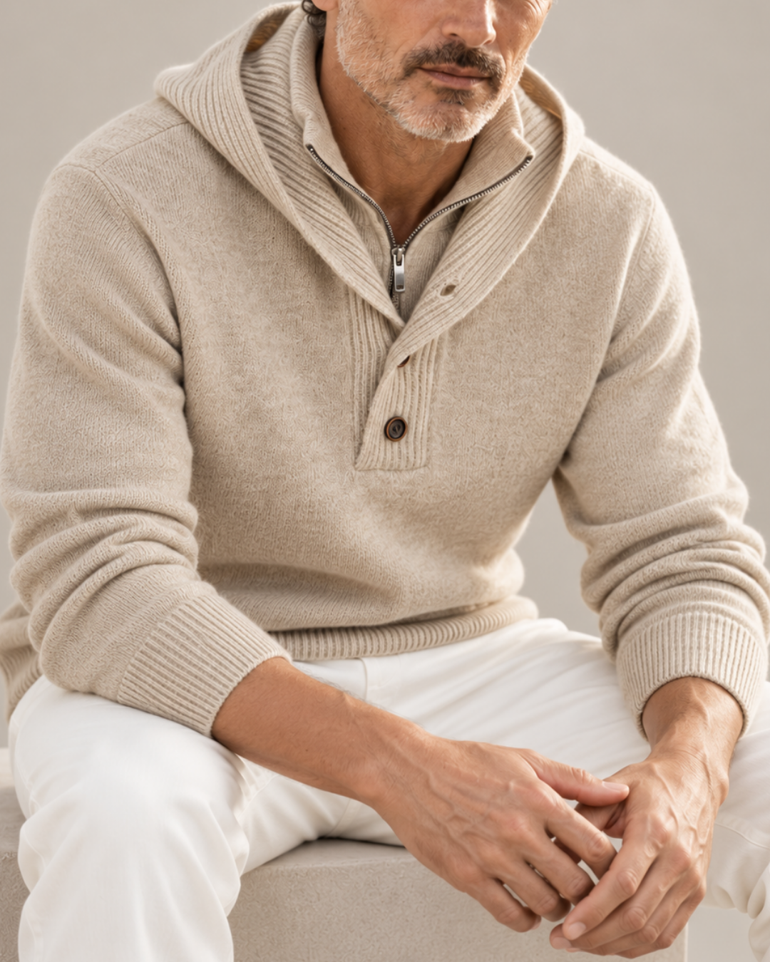 Unisex ribbed sweater close-up — cozy — Philip Hooded Turtleneck Sweater — Oscar Blackwood