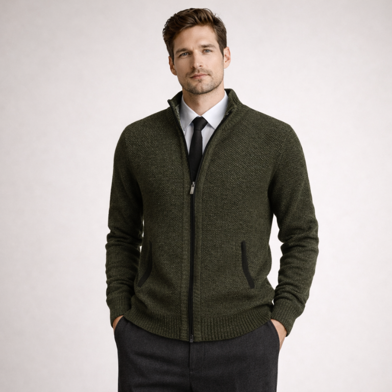 Men's green knit cardigan back view — cozy — Steward Zipper Cardigan — Oscar Blackwood