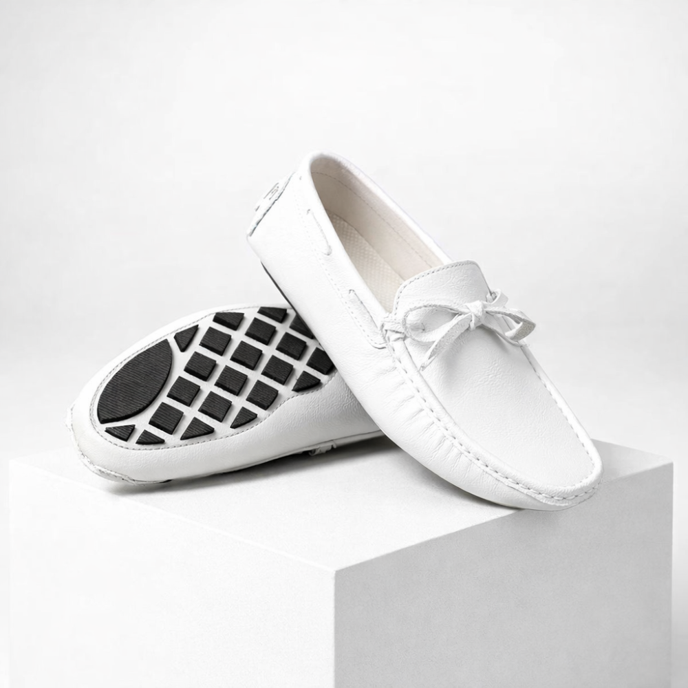 Men's leather shoes side view — versatile — Gregory Leather Golf Moccasins — Oscar Blackwood
