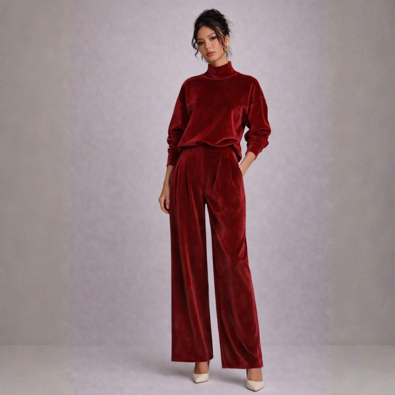 Women's red velvet pants detail view — versatile — Shona Velvet 2 Piece Set — Oscar Blackwood