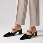 Women's heels color detail — elegant — Cassandra Pointed Toe Chain Mules — Oscar Blackwood