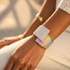 Women's white textured jewelry styled look — versatile — Aura Diamond Wave Bracelet — Oscar Blackwood