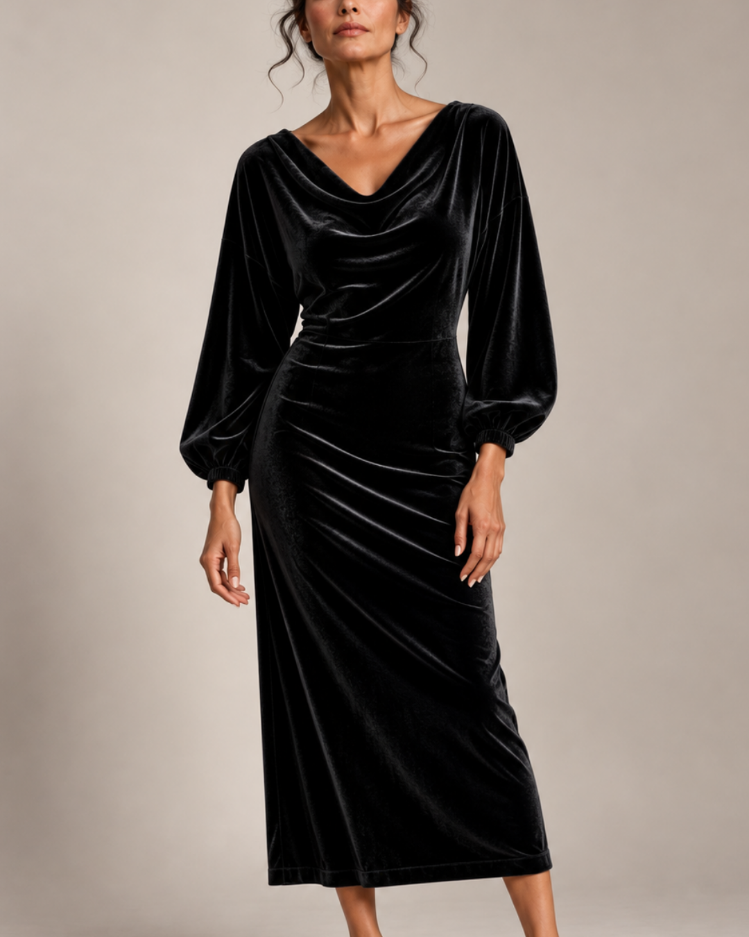 Women's black velvet dress side view — chic — Claudia Velvet Midi Dress — Oscar Blackwood