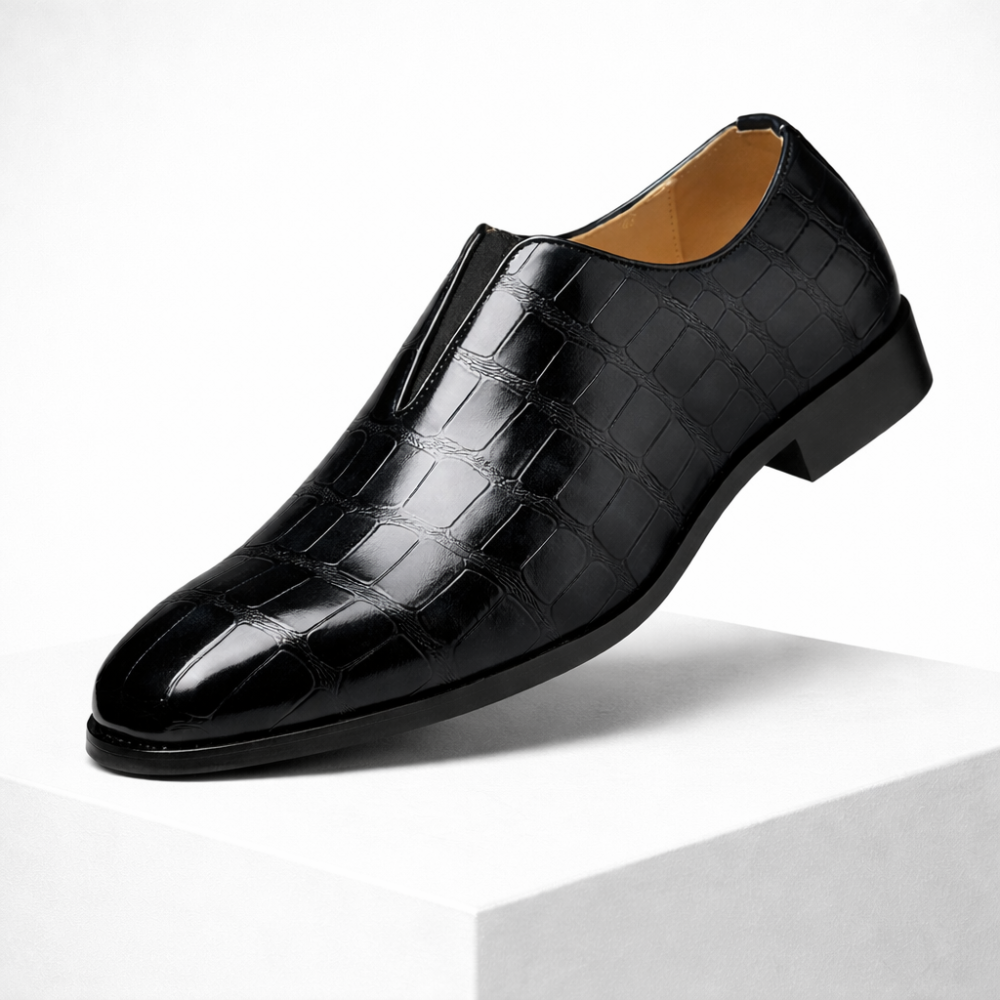 Men's black leather loafers alternate angle — versatile — Anthony Classic Croc Loafers — Oscar Blackwood