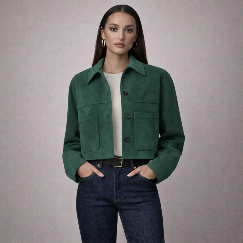 Women's green suede jacket back view — outerwear — Marissa Suede Crop Jacket — Oscar Blackwood