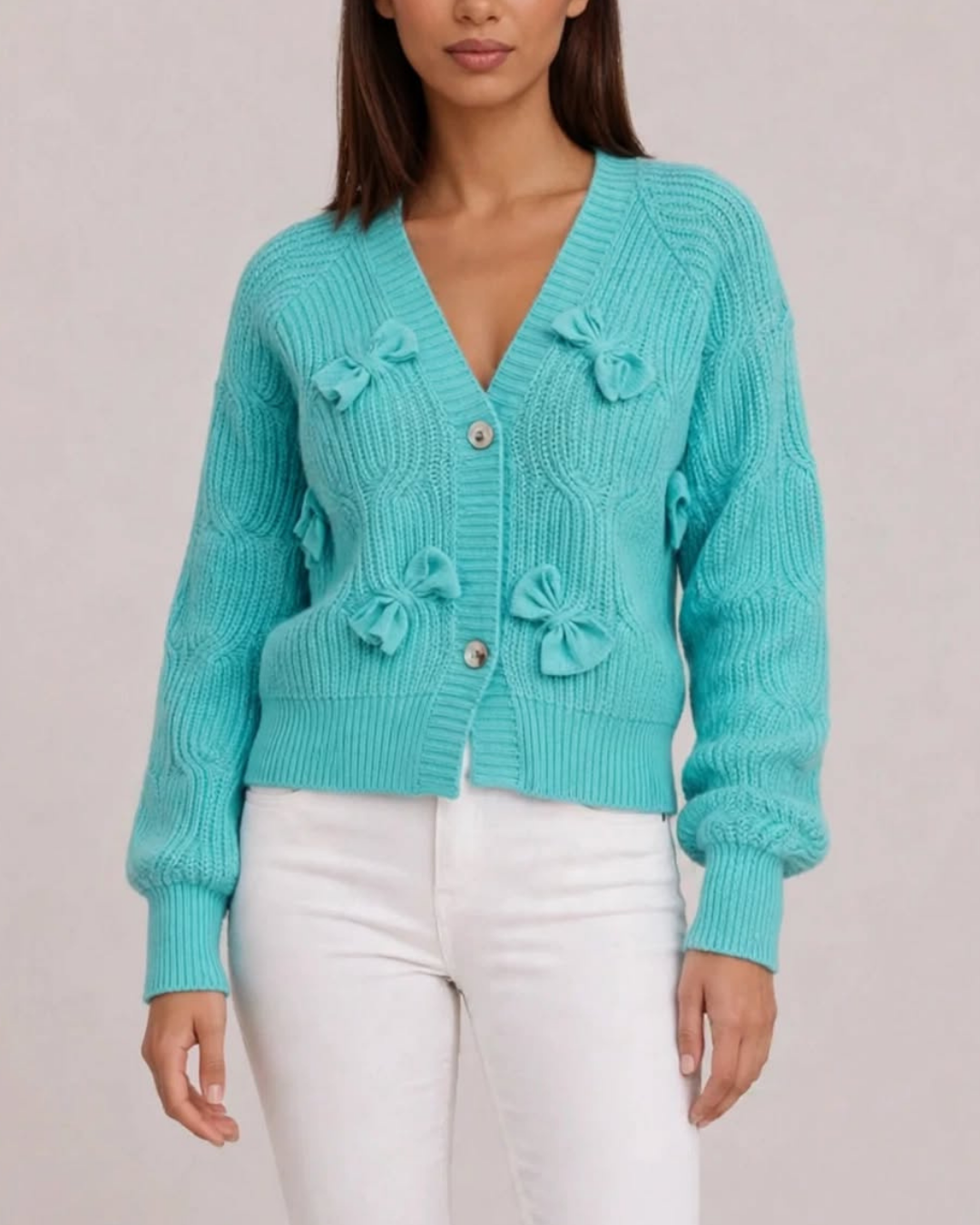 Women's green ribbed cardigan styled look — cozy — Romina Bow Knit Cardigan — Oscar Blackwood