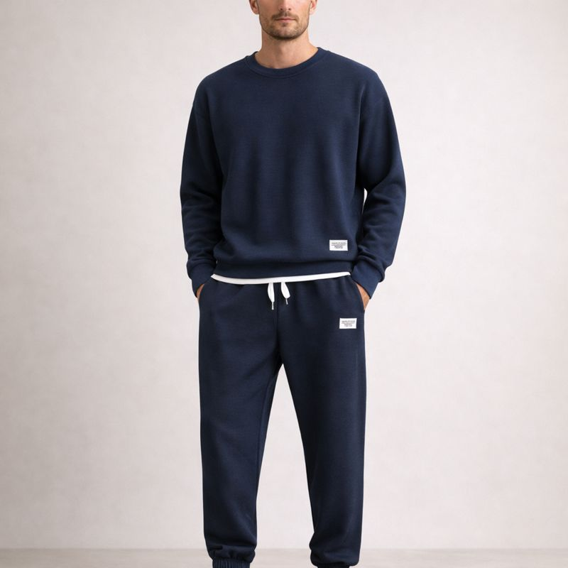 Men's navy-1 cotton pants color detail — versatile — Eric Waffle 2 Piece Set — Oscar Blackwood