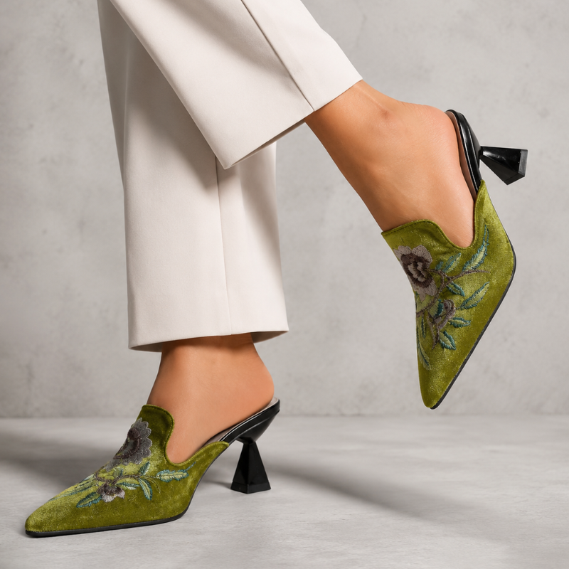 Women's red floral heels front view — elegant — Harriet Embroidered Pointed Mules — Oscar Blackwood