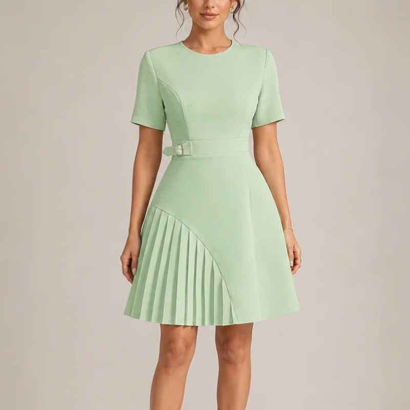 Women's green dress back view — chic — Merelin Pleated Dress for every occasion — Oscar Blackwood