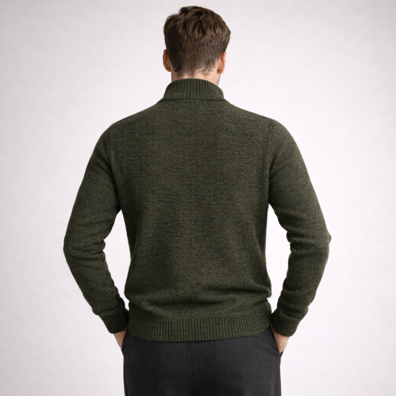 Men's red knit cardigan color detail — cozy — Steward Zipper Cardigan — Oscar Blackwood