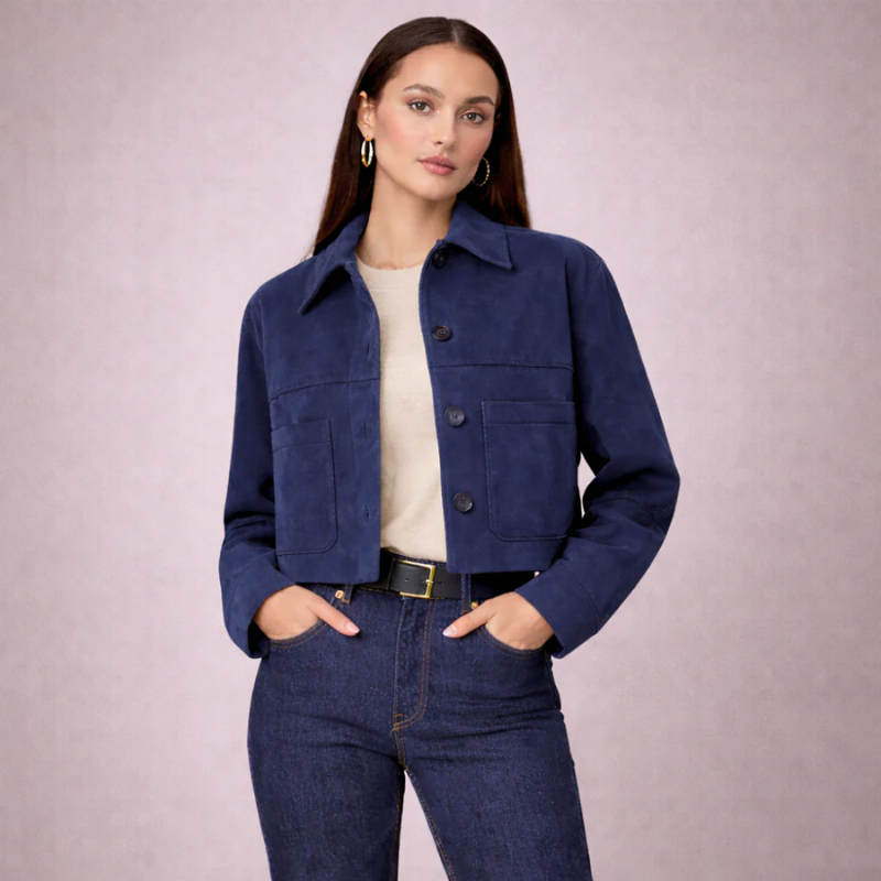 Women's navy-1 suede jacket back view — outerwear — Marissa Suede Crop Jacket — Oscar Blackwood