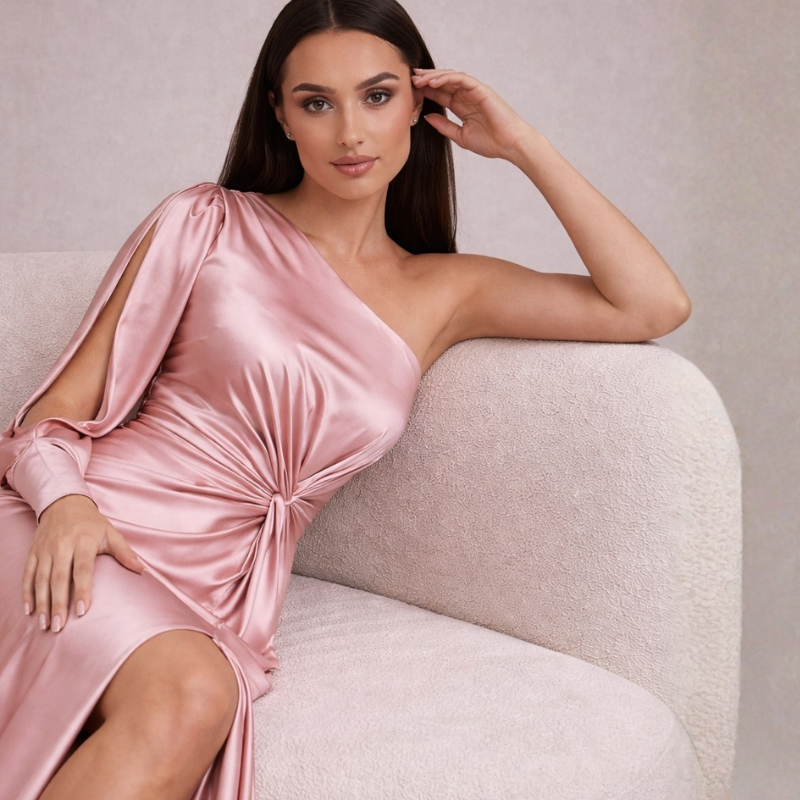 Women's satin dress detail view — chic — Eleanor Slit Maxi Dress — Oscar Blackwood