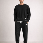 Men's black cotton pants side view — versatile — Eric Waffle 2 Piece Set — Oscar Blackwood